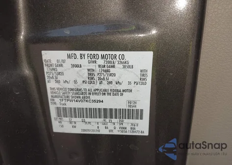 2007 Ford F-150 Fx4/Lariat/Xlt из США, поврежденный, VIN 1FTPW14V07KC35294